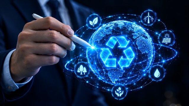 Sustainable green technology HUD interface, corporate ESG recycling concept, businessman interacting with glowing blue digital globe icon network