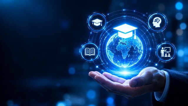 Digital online education concept with glowing graduation cap and globe held in hand, e-learning technology graphic, global study concept