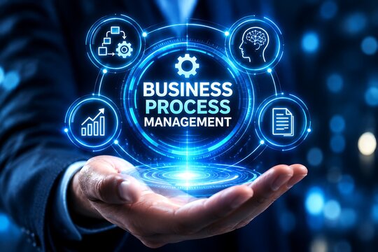Digital business process management concept, businessman holding glowing virtual interface icons, corporate workflow automation technology