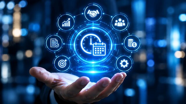 Digital time management icon network floating over open hand, business planning technology concept, productivity calendar strategy dashboard