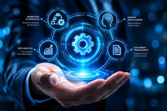 Digital Business Process Automation Concept with Glowing Icons, Workflow Management System Interface, Smart Technology Integration Background