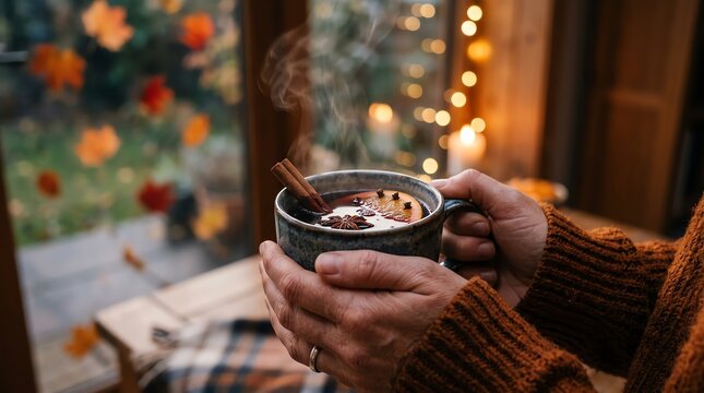 Cozy Hands Holding a Steaming Mug of Mulled Wine with Orange and Spices