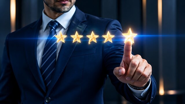 Five star rating review concept, businessman touching golden stars icon, customer satisfaction score and quality service evaluation
