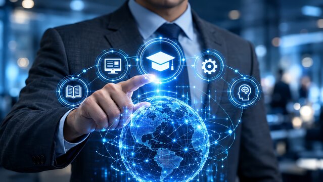 Futuristic online education interface with digital globe, glowing graduation cap icon and business professional in suit