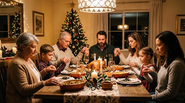 Family holding hands and praying around a festive holiday dinner table.