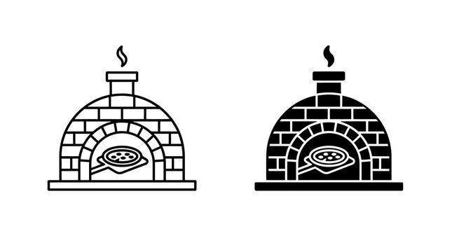Traditional brick pizza oven vector icon in thin outline and solid black silhouette styles.