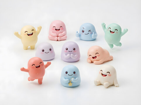 Colorful cartoon blob characters posing cheerfully in playful pastel