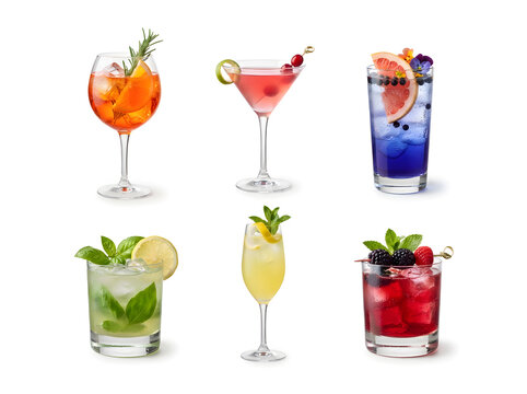 Five colorful cocktails with garnishes in elegant glasses on white