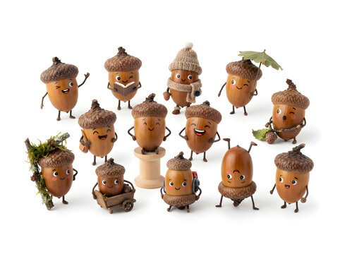 Playful acorn characters in autumn accessories posing cheerfully on