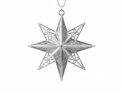 Intricate silver star pendant necklace with filigree details hanging