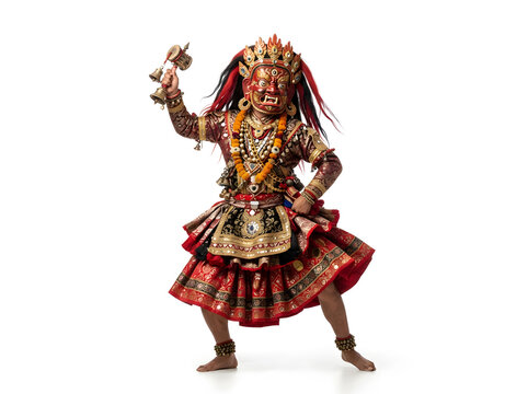Traditional masked dancer holding ritual drum and cymbals in dynamic