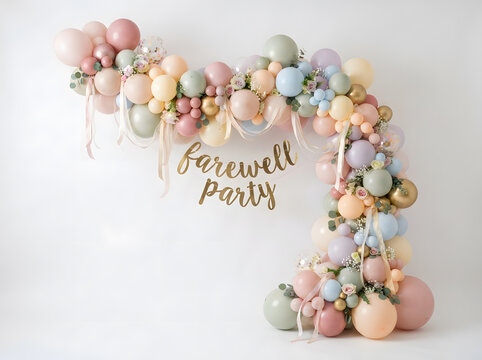 Farewell Party Balloon Garland Arc with Text on Neutral Background