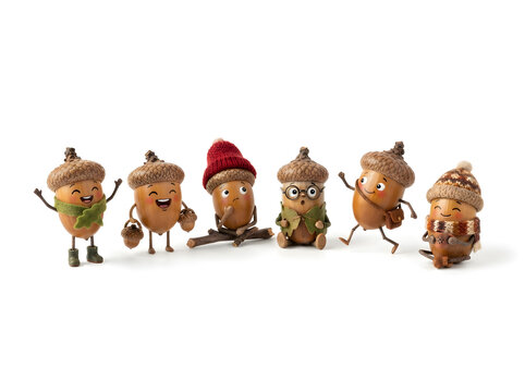 Cartoon acorn characters in winter hats and scarves posing cheerfully