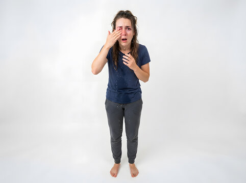 Woman covering mouth shocked expression casual clothing plain