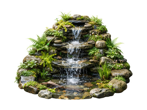 Miniature rock waterfall fountain with cascading water and greenery