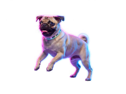 Pug dog playful mid-jump colorful neon lighting white background