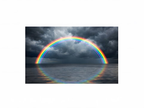 Vibrant rainbow arching over calm ocean waters under storm clouds