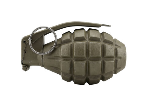 MK2 fragmentary hand grenade on black background, olive drab military explosive for defense industry marketing, historical warfare and tactical security concept.