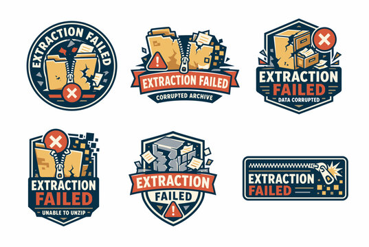 Corrupted archive extraction failed emblems illustrating ripped document folders, snapped zip sliders, and cracked office cabinets in a vintage badge style