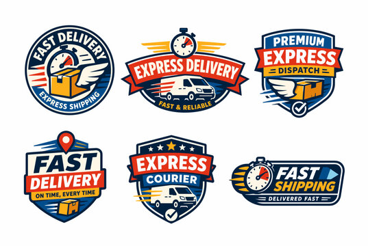 Fast delivery and express courier shipping emblems illustrating winged parcel boxes, moving cargo van, and stopwatch timers in a retro badge style