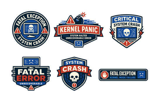 Fatal exception and critical system crash emblems illustrating kernel panic bomb, blue screen skull monitors, and dead pixel screen in a vintage badge style