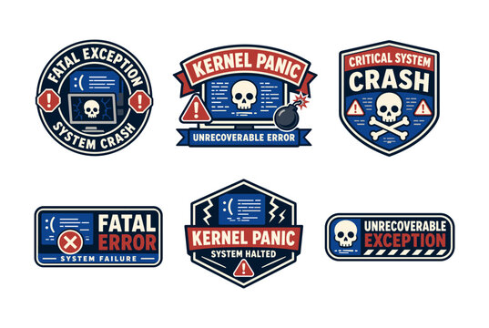 Various fatal error and kernel panic emblems arranged in a decorative set, depicting blue screen of death monitors, skull crossbones, and hazard alert signs in a vintage badge style