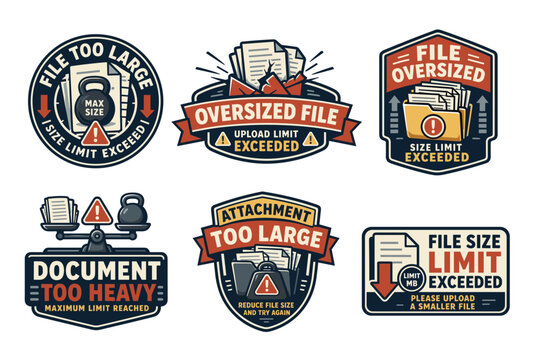 File too large and upload limit exceeded emblems illustrating heavy kettlebell weight on documents, broken overflowing folders, and balance scales in a vintage badge style