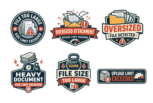 Various oversized attachment and file size limit exceeded emblems arranged in a decorative set, depicting overflowing mail envelopes, heavy document scales, kettlebell weights, and speedometers in a v