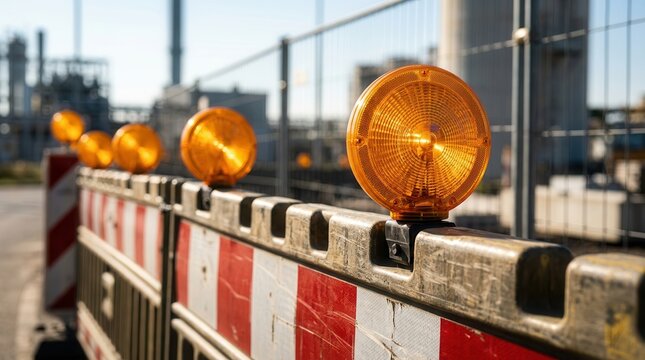 A row of sunlit amber warning lights on heavy-duty barricades in a construction environment.