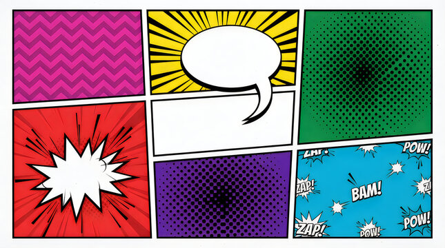 Comic book page background with speech bubbles and sound effects like bam, pow, zap, creating an actionpacked vintage pop art panel layout design