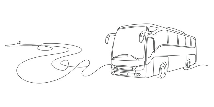 One continuous line drawing of a modern travel bus, touring coach vehicle, and a winding road travel concept design