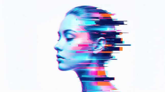 Fragmented human face profile with glitch effects and colorful horizontal streaks on white.