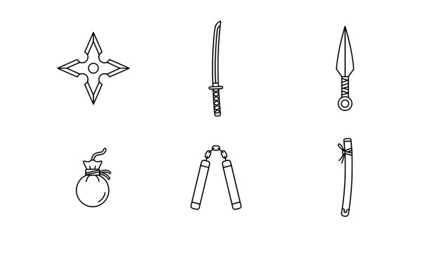 Minimalist Ninja Weapon Line Art Icons Set with Shuriken Katana and Kunai