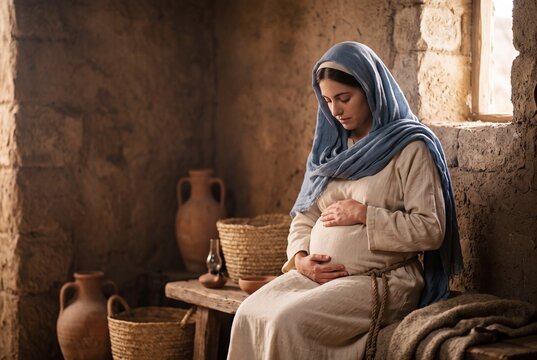 Pregnant Virgin Mary praying with hands on her belly in a humble home, Advent waiting for the birth of Jesus