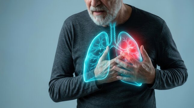 A senior man touches his chest in pain with a holographic lung illustration showing inflammation.