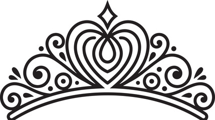 Elegant black line art tiara crown illustration with heart details for luxury vector design. © Aysha