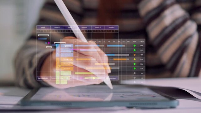 Digital financial planning, woman hand writing with stylus on tablet with data table hologram