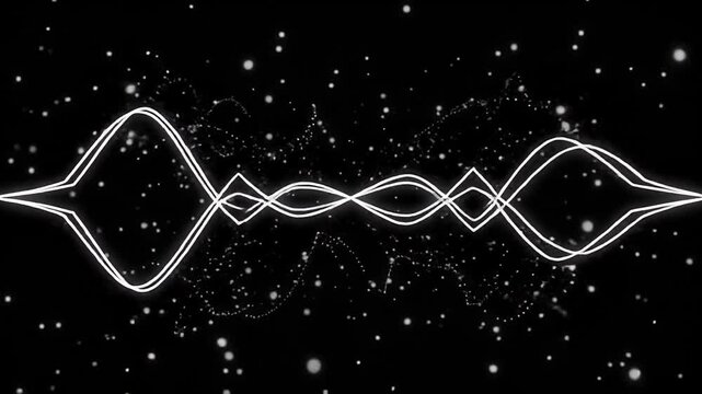 Audio waveform pulses against a starry black background, representing sound, frequency, music, rhythm, signal, data, technology, and oscillation
