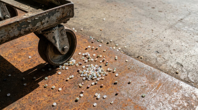 Rusty wheel and scattered coin on industrial surface reflect geopolitical tensions and trade