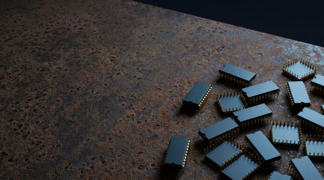 Geopolitical tensions shape trade through electronic components scattered on dark metal surface
