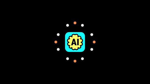 Cyan artificial intelligence starburst icon featuring diagonal shine animation for machine learning digital software applications, high quality video footage ai, shine, tech, interface, smart