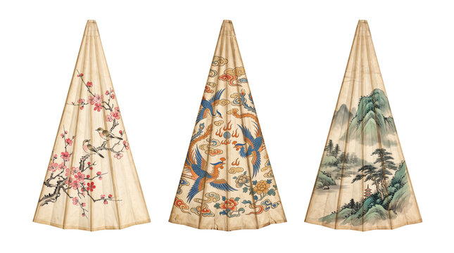 Three closed traditional asian paper umbrellas featuring hand-painted of cherry blossoms, phoenix birds, and mountain landscapes