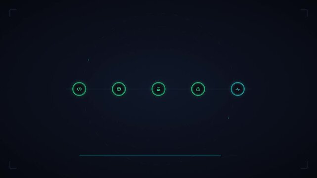 Futuristic hud process loading bar with sequential neon and checkmark completion animation interface