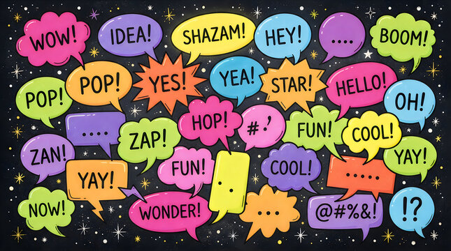 Set of colorful speech bubbles with various comic words like wow, pop, yes, star, hello and cool on dark background
