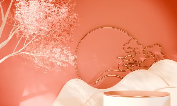 Red circle podium stand on Autumn scene and red maple leaves. 3D rendering
