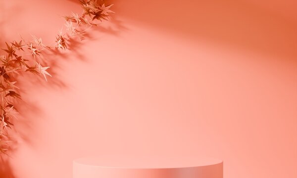Red circle podium stand on Autumn scene and red maple leaves. 3D rendering