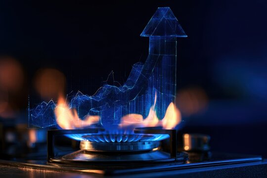 Transparent blue financial growth chart rising above a lit gas burner with flames and reflections in a dark dramatic close up