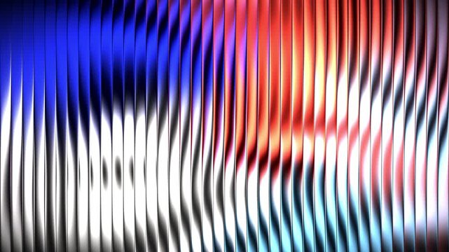 Abstract metallic vertical stripes background with shifting blue and red reflections glowing softly across glossy curved surfaces during smooth continuous motion pattern design