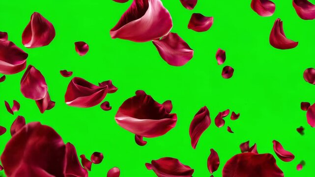 Romantic red and pink rose petals floating and falling through the air in slow motion, elegant floral animation isolated on bright green screen background for Valentine's Day and wedding effects