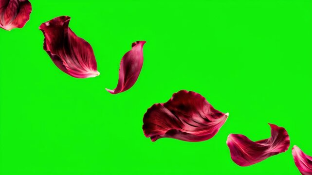 Romantic red and pink rose petals floating and falling through the air in slow motion, elegant floral animation isolated on bright green screen background for Valentine's Day and wedding effects